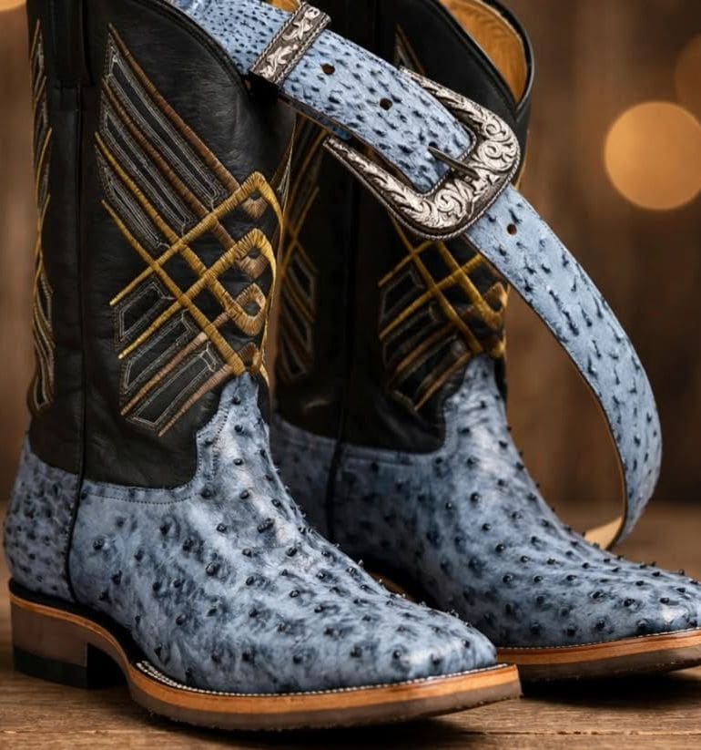 Botas de avestruz azul con cinto a juego